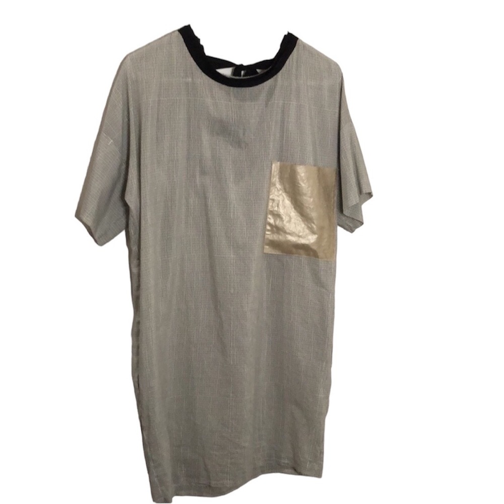 TELA smock sheath shirt dress silk cotton blend gold leather pocket size Medium